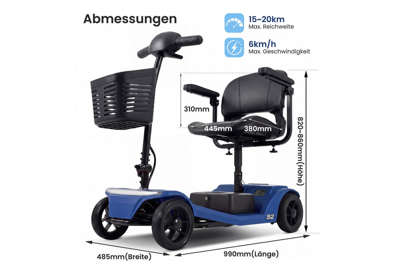 LVHOM Elektromobil faltbar Seniorenmobil, 4-Rad-Elektroroller, Rw. 25km, 12Ah, 250 W, 6 km/h, (abnehmbar Blei-Säure-Ionen Batterie + Handy-Ladeanschluss + vorderer Aufbewahrungskorb + abnehmbar/atmungsaktiv/höhenverstellbarer Sitz + verstellbarer Lenker + XXL-Fußraum), 136 kg Tr.Kr. Gesamtgewicht: 37kg Bild 5