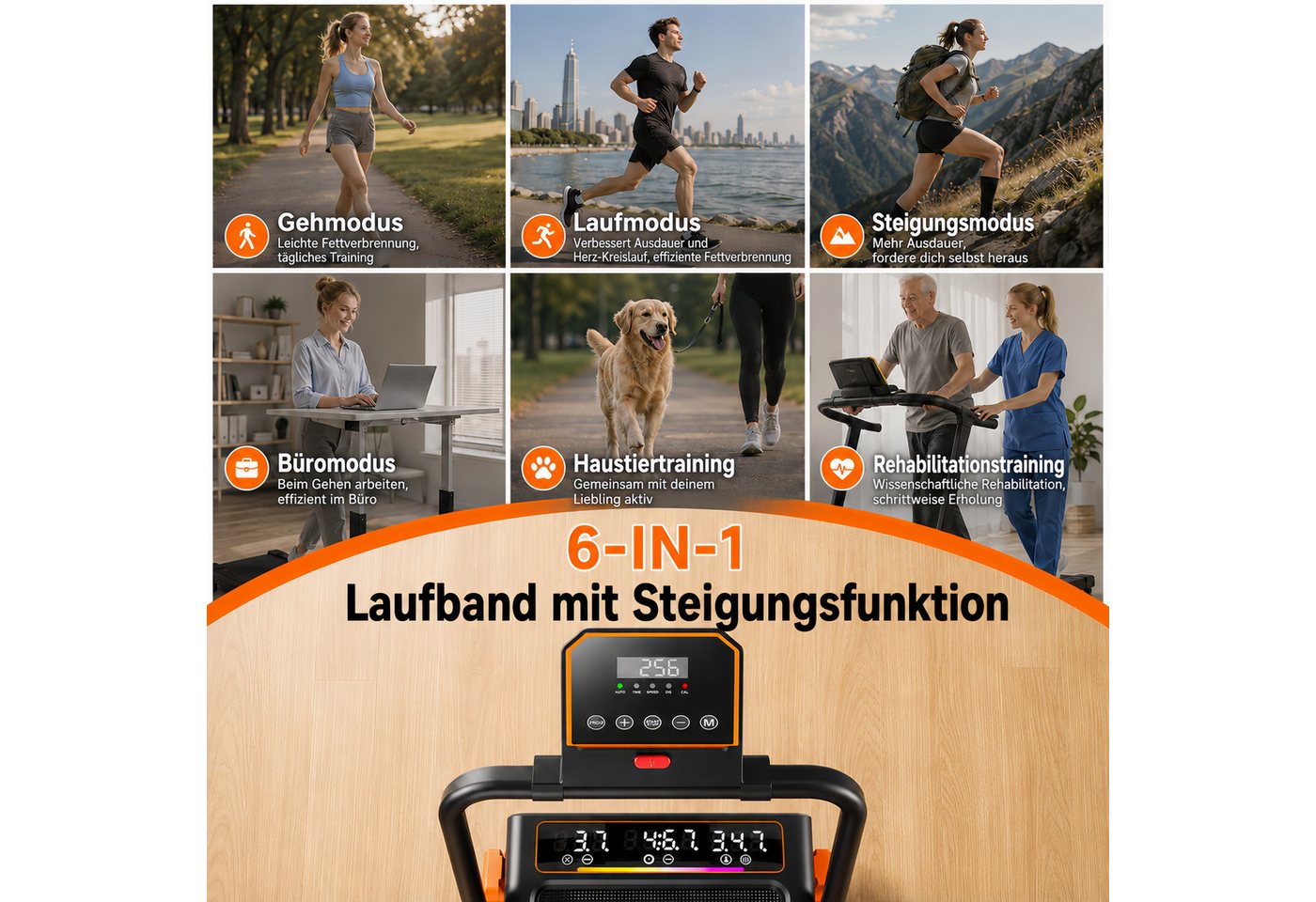GIDGIMO Laufband FlexRun Pro Laufband 12 km/h mit 15 % Steigung, klappbar, App (für Zuhause & Büro), 6 IN 1 Walking Pad, LED Tempolicht, Bis 120kg Belastbar
