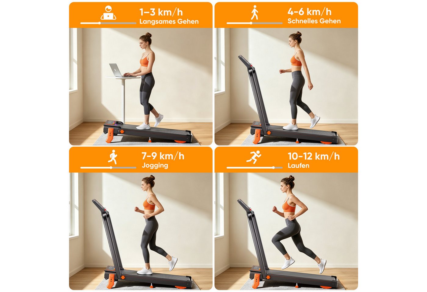 GIDGIMO Laufband FlexRun Pro Laufband 12 km/h mit 15 % Steigung, klappbar, App (für Zuhause & Büro), 6 IN 1 Walking Pad, LED Tempolicht, Bis 120kg Belastbar Bild 2
