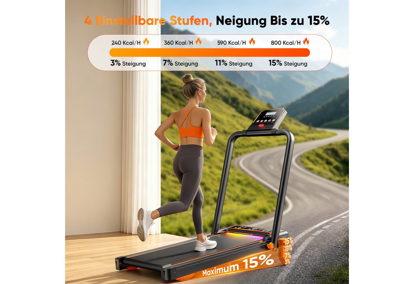 GIDGIMO Laufband FlexRun Pro Laufband 12 km/h mit 15 % Steigung, klappbar, App (für Zuhause & Büro), 6 IN 1 Walking Pad, LED Tempolicht, Bis 120kg Belastbar Bild 3