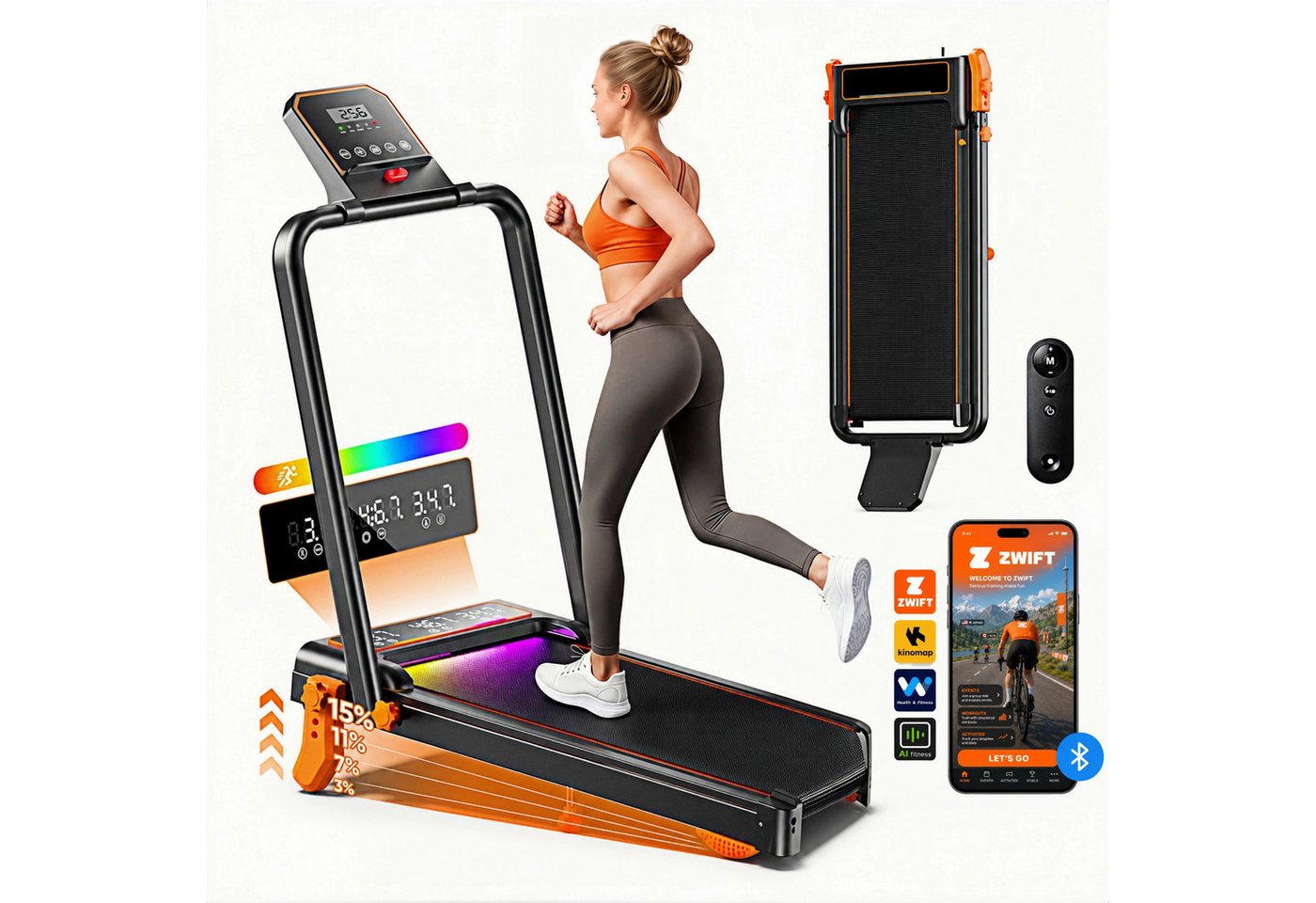 GIDGIMO Laufband FlexRun Pro Laufband 12 km/h mit 15 % Steigung, klappbar, App (für Zuhause & Büro), 6 IN 1 Walking Pad, LED Tempolicht, Bis 120kg Belastbar Bild 5