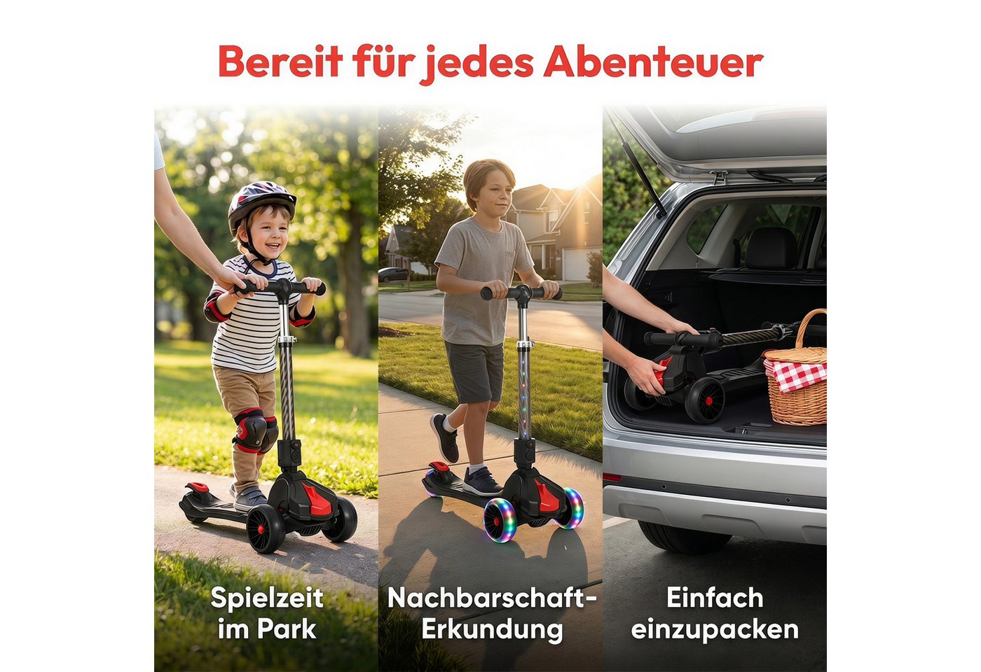 oyajia Cityroller Roller Kinder Scooter Dreiradscooter mit PU LED Räder Faltbar, bis 50 kg,roller kinder,kinder roller,Höhenverstellbar,Hinterradbremse Bild 4
