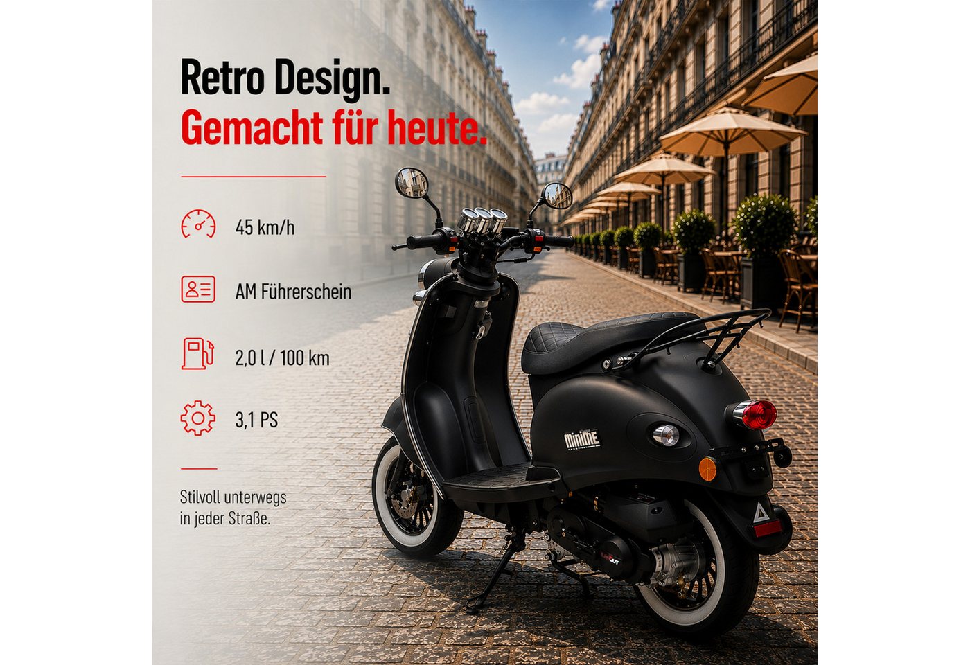 Burnout Motorroller MiniMe 2.0 Mattgrün, 50 ccm, 45 km/h, Euro 5, Unverwechselbares Retro Design, Mofa Bild 4
