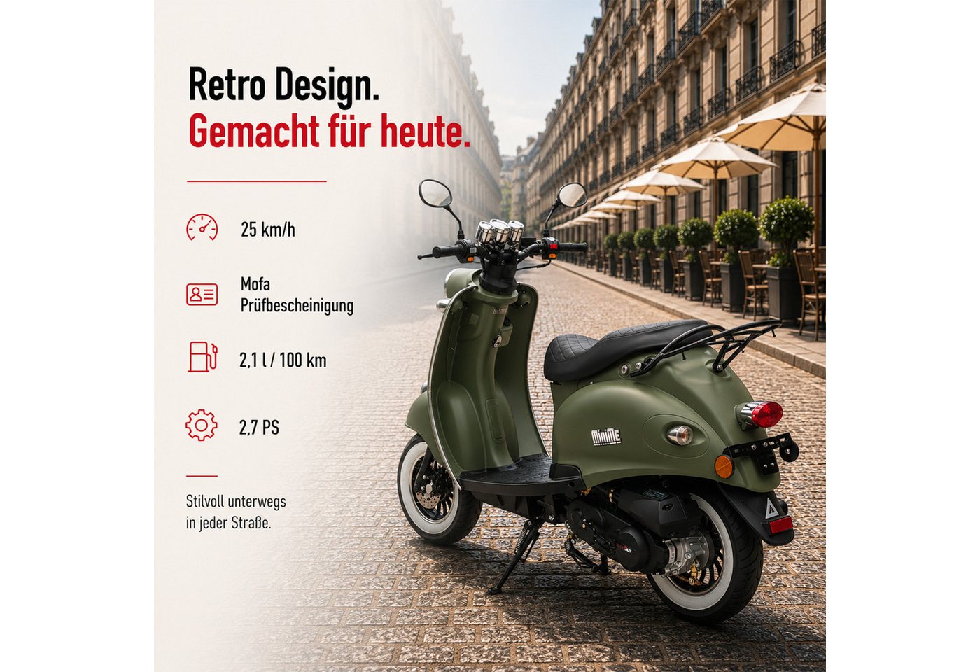 Burnout Motorroller MiniMe 2.0 Mattgrün, 50 ccm, 25 km/h, Euro 5, (50 ccm, 25 km/h, Euro 5), Unverwechselbares Retro Design, Mofa Bild 4
