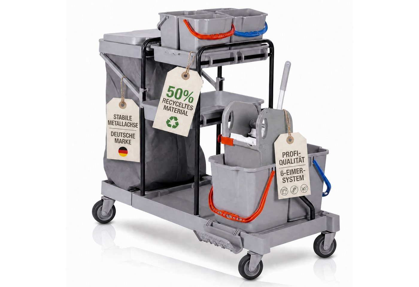 Bellanet Putzwagen Profi-Reinigungswagen 2x18L + 4x6L Eimer, Mopp-Presse, leise Rollen