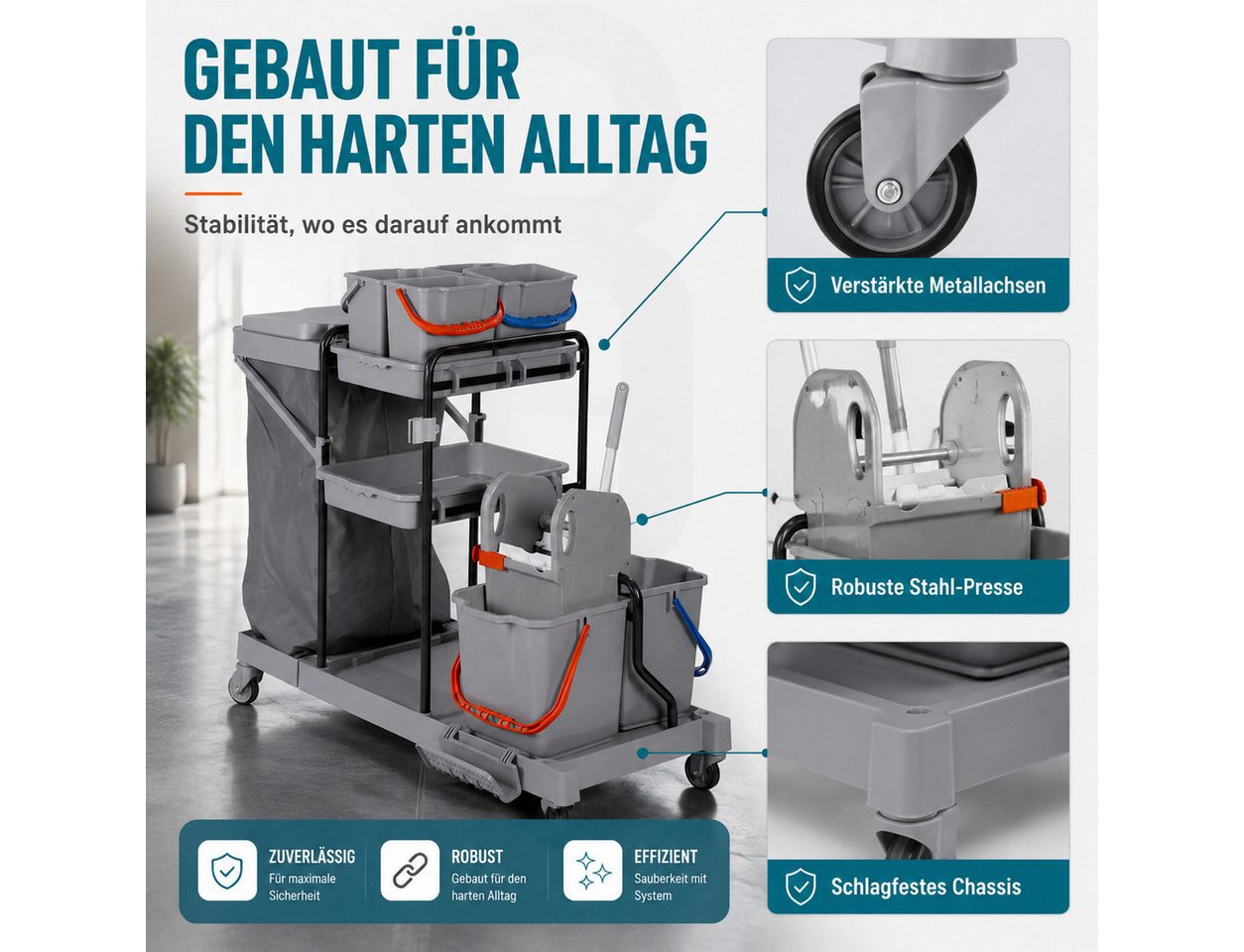 Bellanet Putzwagen Profi-Reinigungswagen 2x18L + 4x6L Eimer, Mopp-Presse, leise Rollen Bild 2