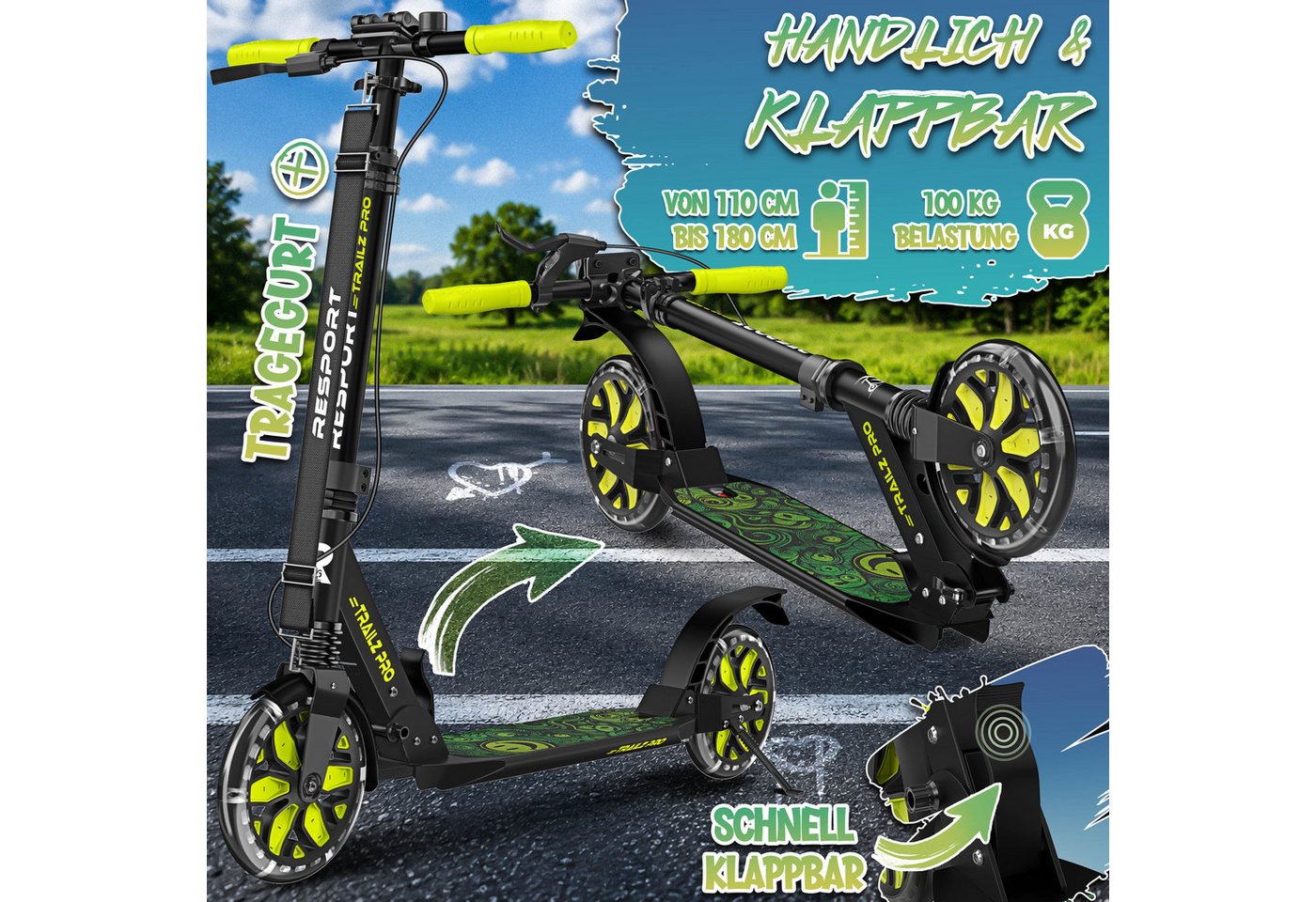 RE:SPORT Cityroller RE:SPORT® Trailz Pro Cityroller Scooter inkl. Tragegurt und Klingel, (Scooter höhenverstellbar & klappbar, Kickscooter Tretroller inkl. Handbremse & Doppelfederung), Cityroller für Kinder & Erwachsene mit LED, Klingel & Tragegurt