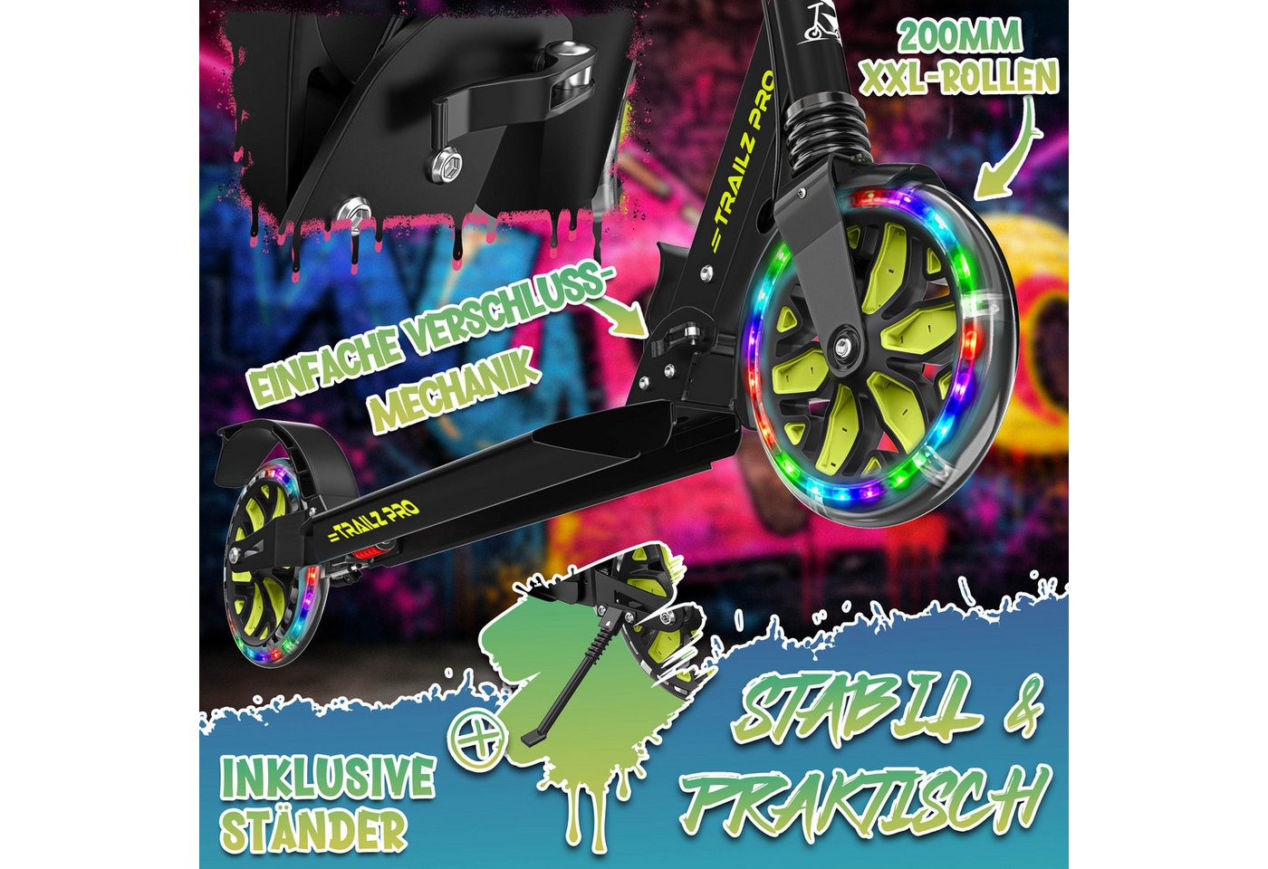 RE:SPORT Cityroller RE:SPORT® Trailz Pro Cityroller Scooter inkl. Tragegurt und Klingel, (Scooter höhenverstellbar & klappbar, Kickscooter Tretroller inkl. Handbremse & Doppelfederung), Cityroller für Kinder & Erwachsene mit LED, Klingel & Tragegurt Bild 2