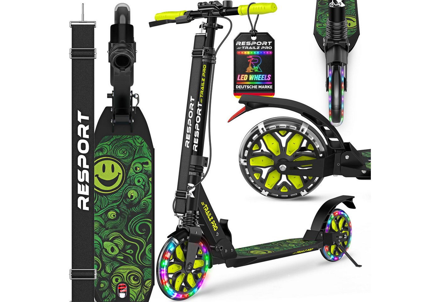 RE:SPORT Cityroller RE:SPORT® Trailz Pro Cityroller Scooter inkl. Tragegurt und Klingel, (Scooter höhenverstellbar & klappbar, Kickscooter Tretroller inkl. Handbremse & Doppelfederung), Cityroller für Kinder & Erwachsene mit LED, Klingel & Tragegurt Bild 3