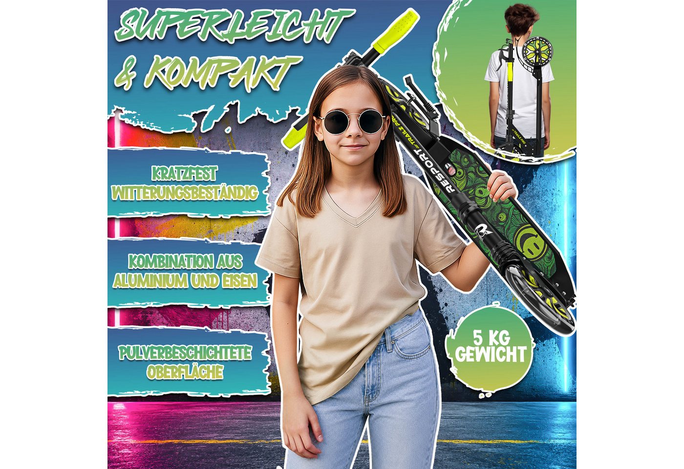 RE:SPORT Cityroller RE:SPORT® Trailz Pro Cityroller Scooter inkl. Tragegurt und Klingel, (Scooter höhenverstellbar & klappbar, Kickscooter Tretroller inkl. Handbremse & Doppelfederung), Cityroller für Kinder & Erwachsene mit LED, Klingel & Tragegurt Bild 4