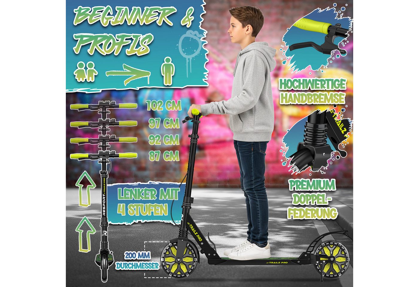 RE:SPORT Cityroller RE:SPORT® Trailz Pro Cityroller Scooter inkl. Tragegurt und Klingel, (Scooter höhenverstellbar & klappbar, Kickscooter Tretroller inkl. Handbremse & Doppelfederung), Cityroller für Kinder & Erwachsene mit LED, Klingel & Tragegurt Bild 5