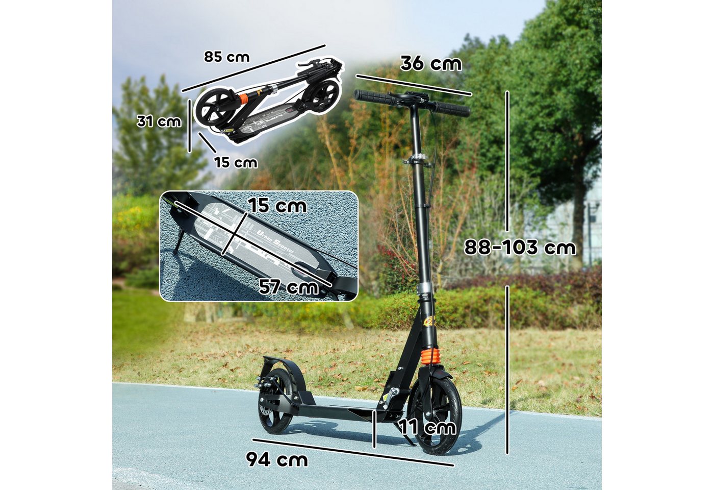 AIYAPLAY Cityroller Roller mit Bremse, klappbarer höhenverstellbarer Kinderroller, 0 km/h, (klappbarer Kinderroller, 1 tlg., Höhenverstellbarer Tretroller), Faltbar, Höhenverstellbar, Schwarz Bild 2