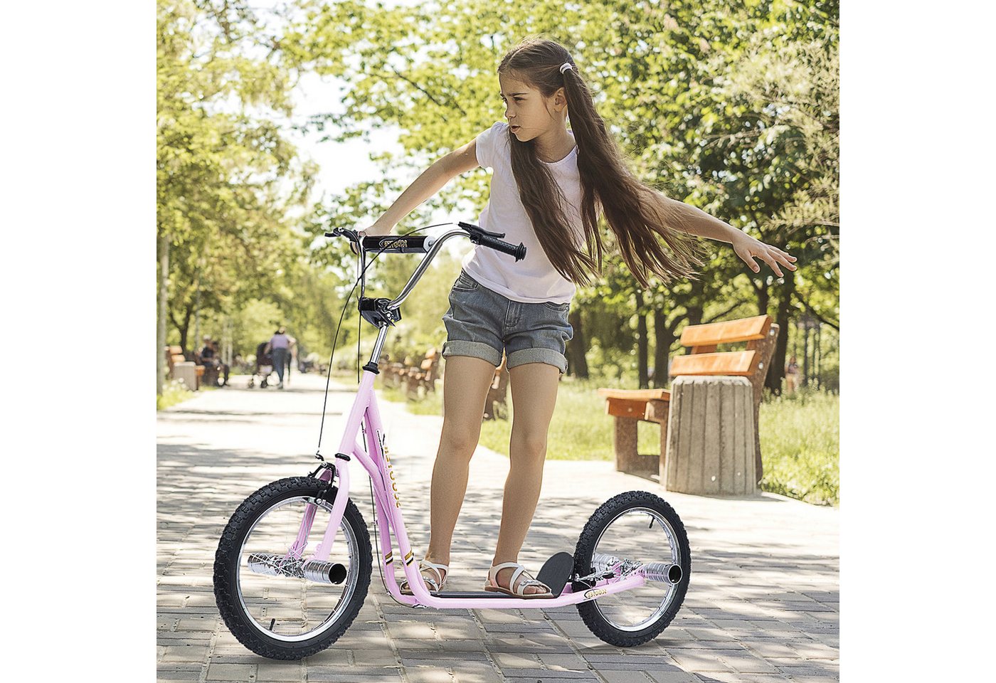 HOMCOM Cityroller Kinderroller Scooter mit verstellbarem Lenker, großen Rädern, 0 km/h, (Kickscooter, 1 tlg., Kinderroller), für Garten, Rosa Bild 2
