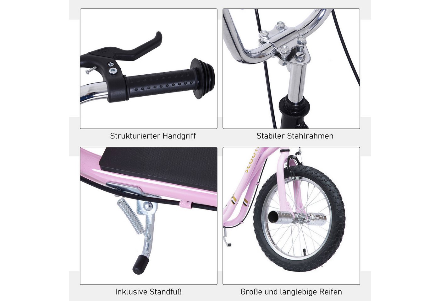 HOMCOM Cityroller Kinderroller Scooter mit verstellbarem Lenker, großen Rädern, 0 km/h, (Kickscooter, 1 tlg., Kinderroller), für Garten, Rosa Bild 3