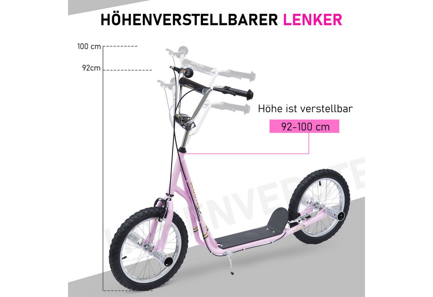 HOMCOM Cityroller Kinderroller Scooter mit verstellbarem Lenker, großen Rädern, 0 km/h, (Kickscooter, 1 tlg., Kinderroller), für Garten, Rosa Bild 5