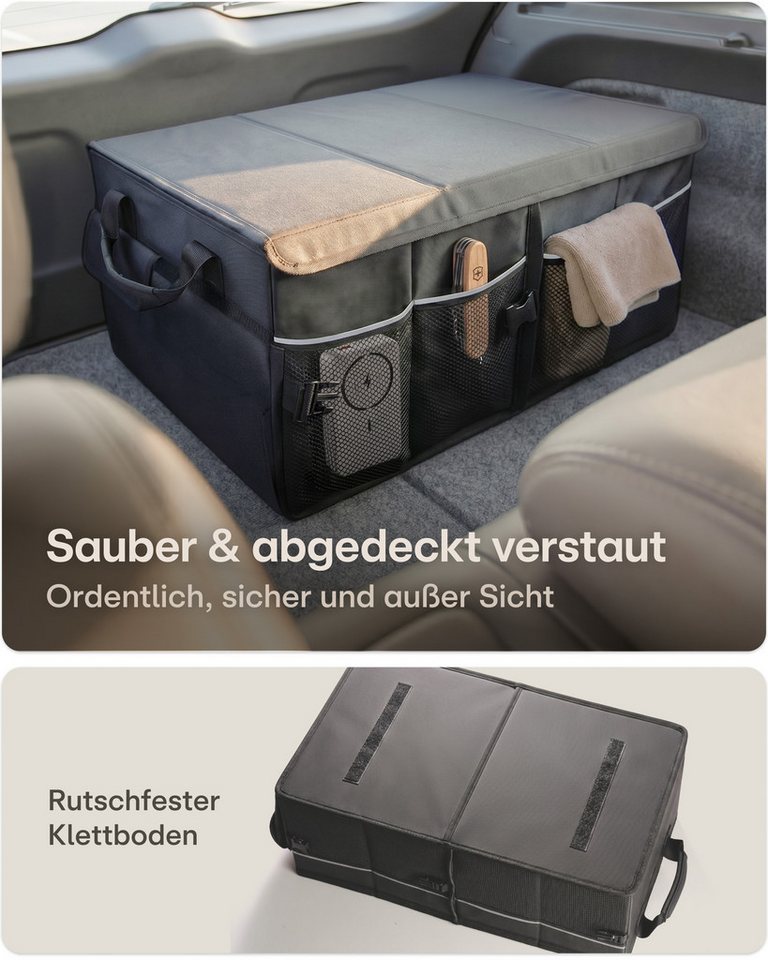Praknu Kofferraummatte Auto Kofferraum Organizer Faltbar mit Deckel – 3 Fächer mit 11 Taschen (1 St), Mit Deckel, Faltbar, 3 Fächer, Rutschfester Boden, Reflektionsstreifen Bild 2