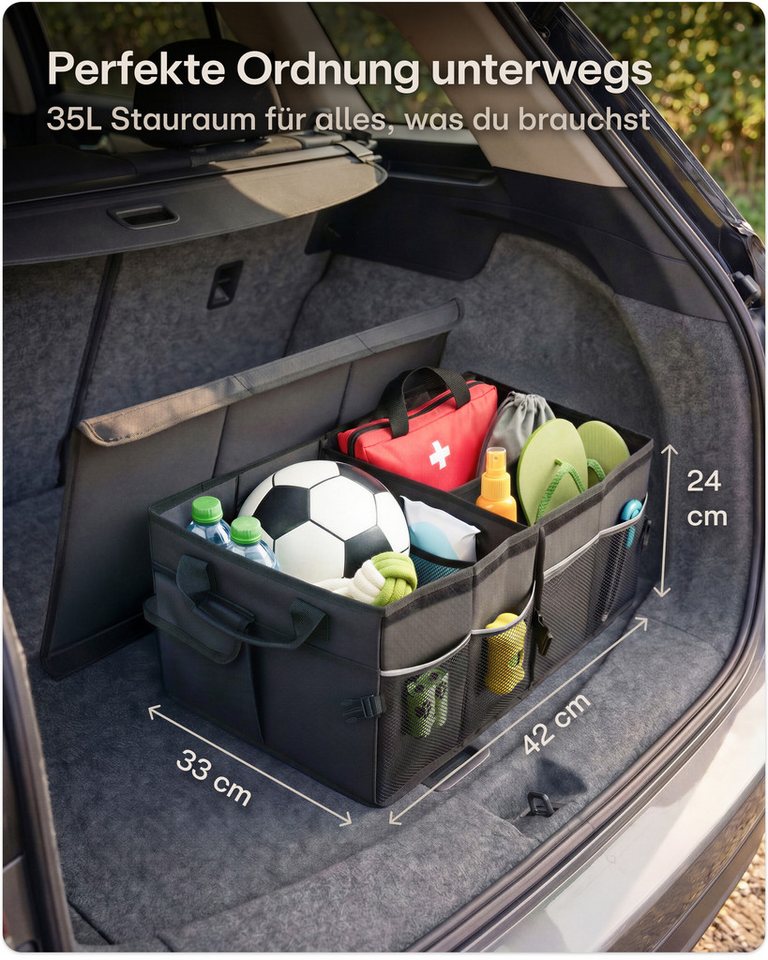 Praknu Kofferraummatte Auto Kofferraum Organizer Faltbar mit Deckel – 3 Fächer mit 11 Taschen (1 St), Mit Deckel, Faltbar, 3 Fächer, Rutschfester Boden, Reflektionsstreifen Bild 3