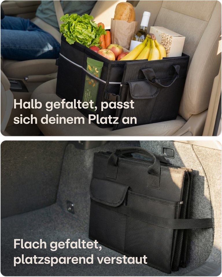 Praknu Kofferraummatte Auto Kofferraum Organizer Faltbar mit Deckel – 3 Fächer mit 11 Taschen (1 St), Mit Deckel, Faltbar, 3 Fächer, Rutschfester Boden, Reflektionsstreifen Bild 4