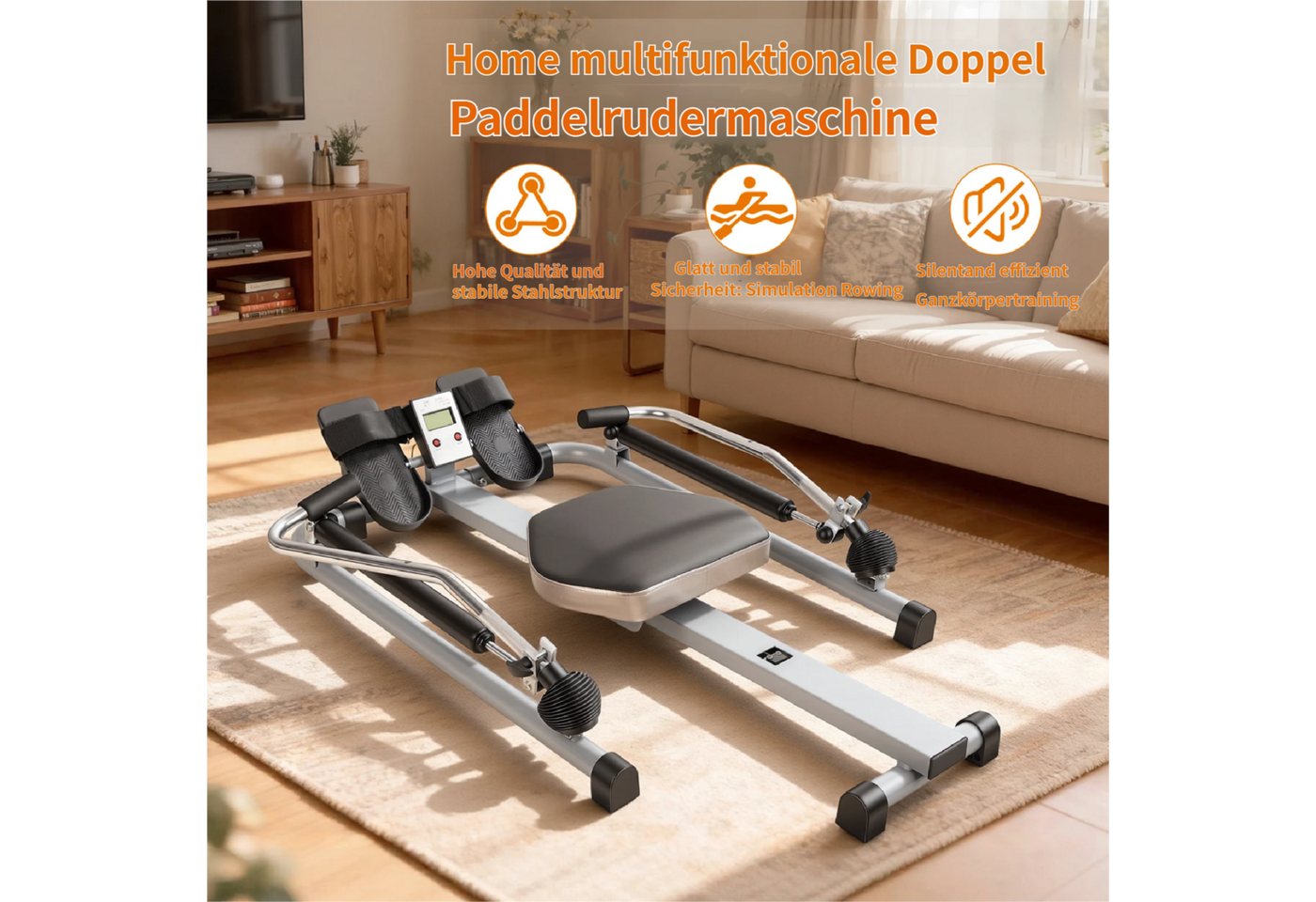 Rutaqian Heimtrainer Heim-Rudergerät, Hydraulisches Rudergerät mit LCD-Monitor, Rudergerät einstellbarem Widerstand bis zu 50 kg und großem, bis 120KG