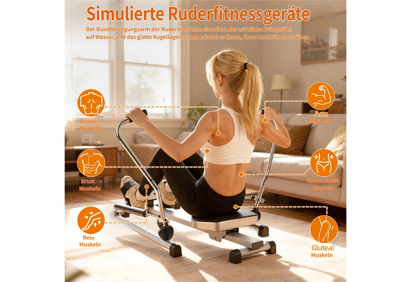 Rutaqian Heimtrainer Heim-Rudergerät, Hydraulisches Rudergerät mit LCD-Monitor, Rudergerät einstellbarem Widerstand bis zu 50 kg und großem, bis 120KG Bild 3