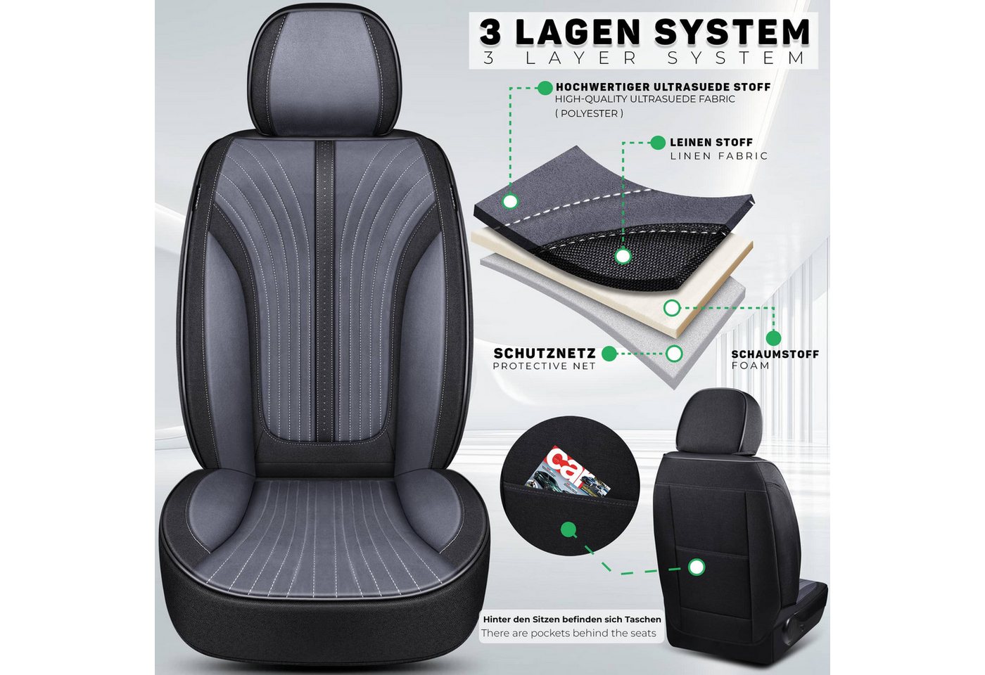 BREMER SITZBEZÜGE Autositzbezug für BMW 3er E90 & E91 Bj 2005-13 V1, Set, 2-tlg., Schonbezüge Sitzbezüge Fahrer und Beifahrer, in Schwarz/Grau