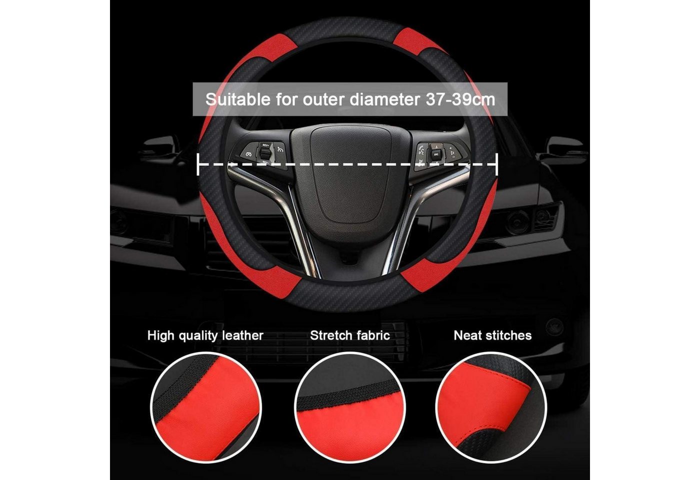 LuxusKollektion Lenkradbezug Lenkradabdeckung 3 Teiliges Set Echtes Leder 37-39cm Schwarz-Rot Bild 2