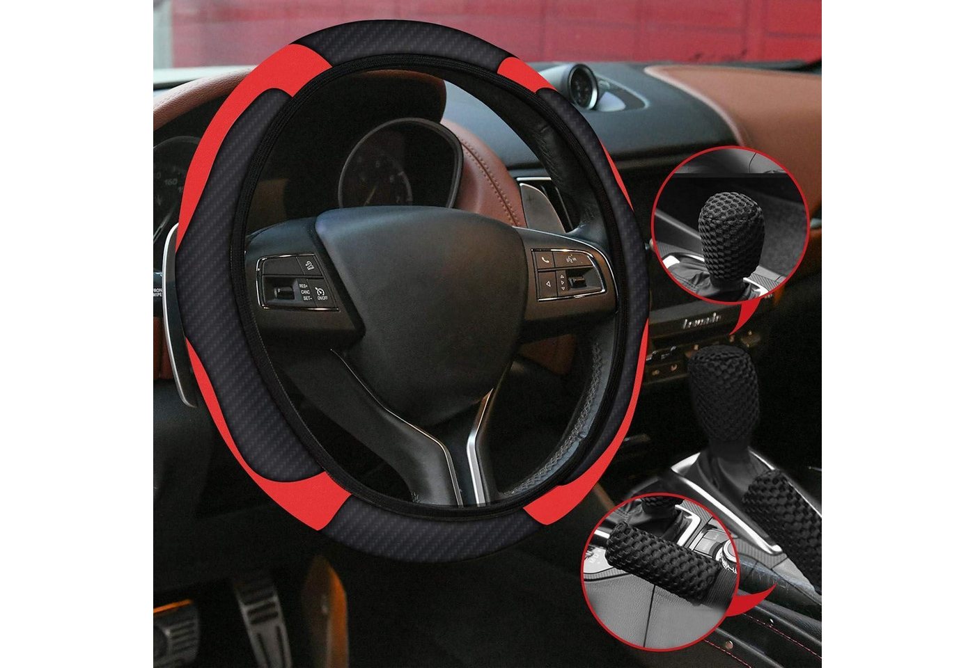 LuxusKollektion Lenkradbezug Lenkradabdeckung 3 Teiliges Set Echtes Leder 37-39cm Schwarz-Rot Bild 3