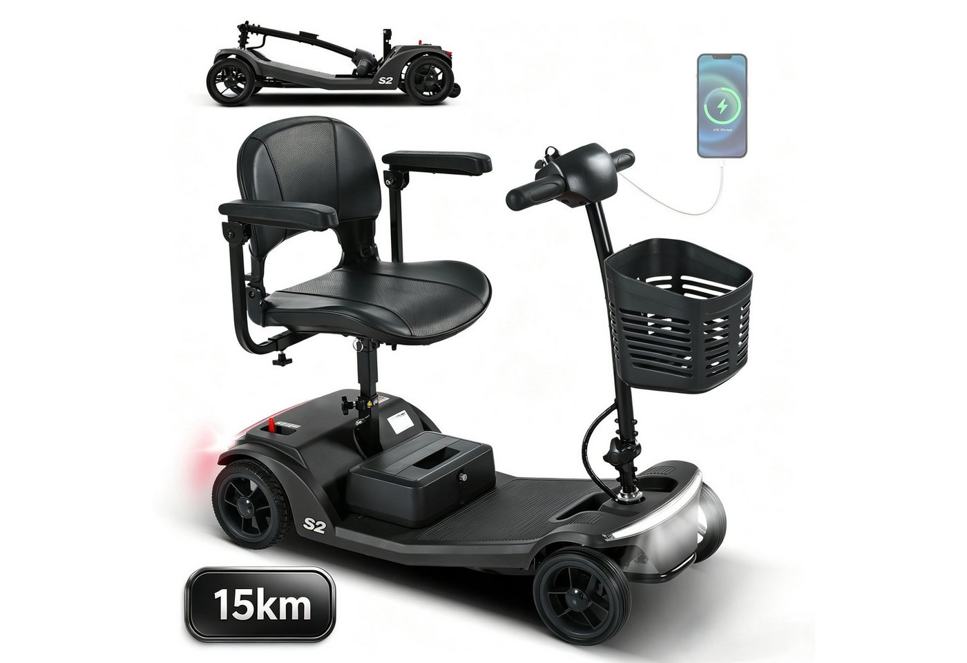 muvano Elektromobil 136 kg Tragkraft, 15km Reichweite, USB, LED-Licht, Seniorenmobil, 250 W, 6 km/h, führerscheinfrei, KOMPAKT & FALTBAR Bild 5