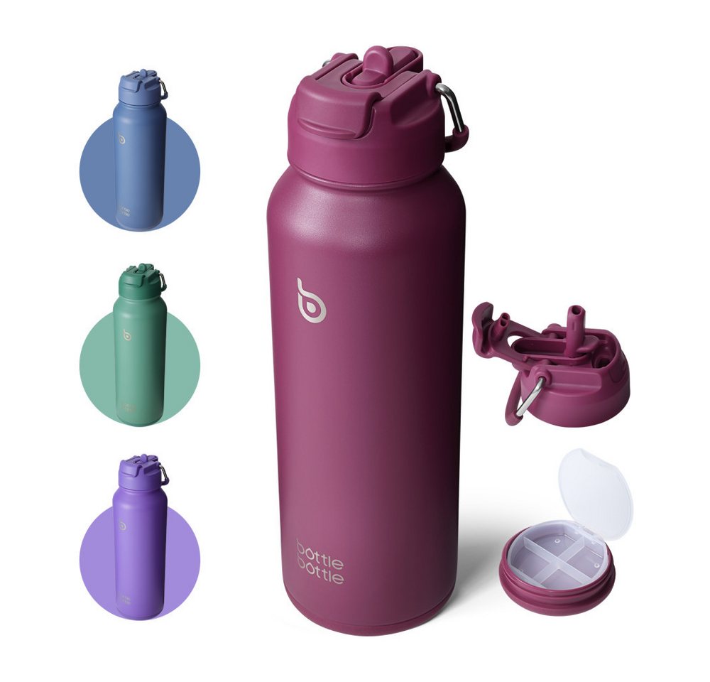 BOTTLE BOTTLE Trinkflasche Sport-Trinkflasche, Edelstahl, isoliert, mit Strohhalm und Pillenhalter, 1L Bild 3