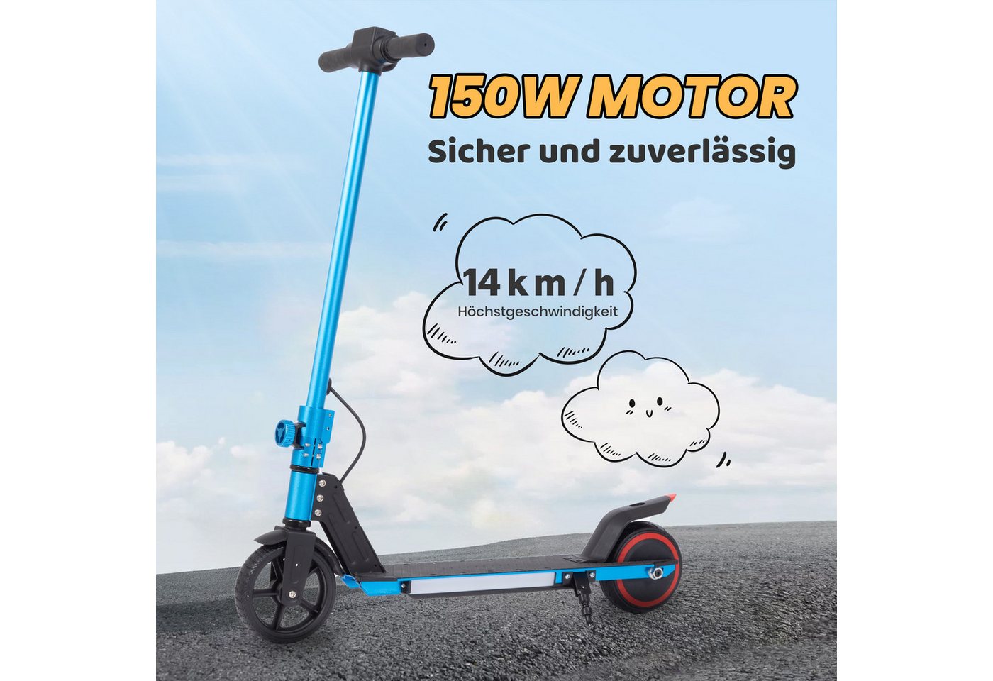Vankel Cityroller Kinderroller ab 6 jahren, 10km, mit LED Leuchten, klappbar, Tretroller, 150 W, 14 km/h, (bis 80kg, EBS+Fußbremse, klappbare Aluminiumrahmen), Escooter für Kinder, nur 6,5kg, faltbar, für 130-160 cm Bild 5