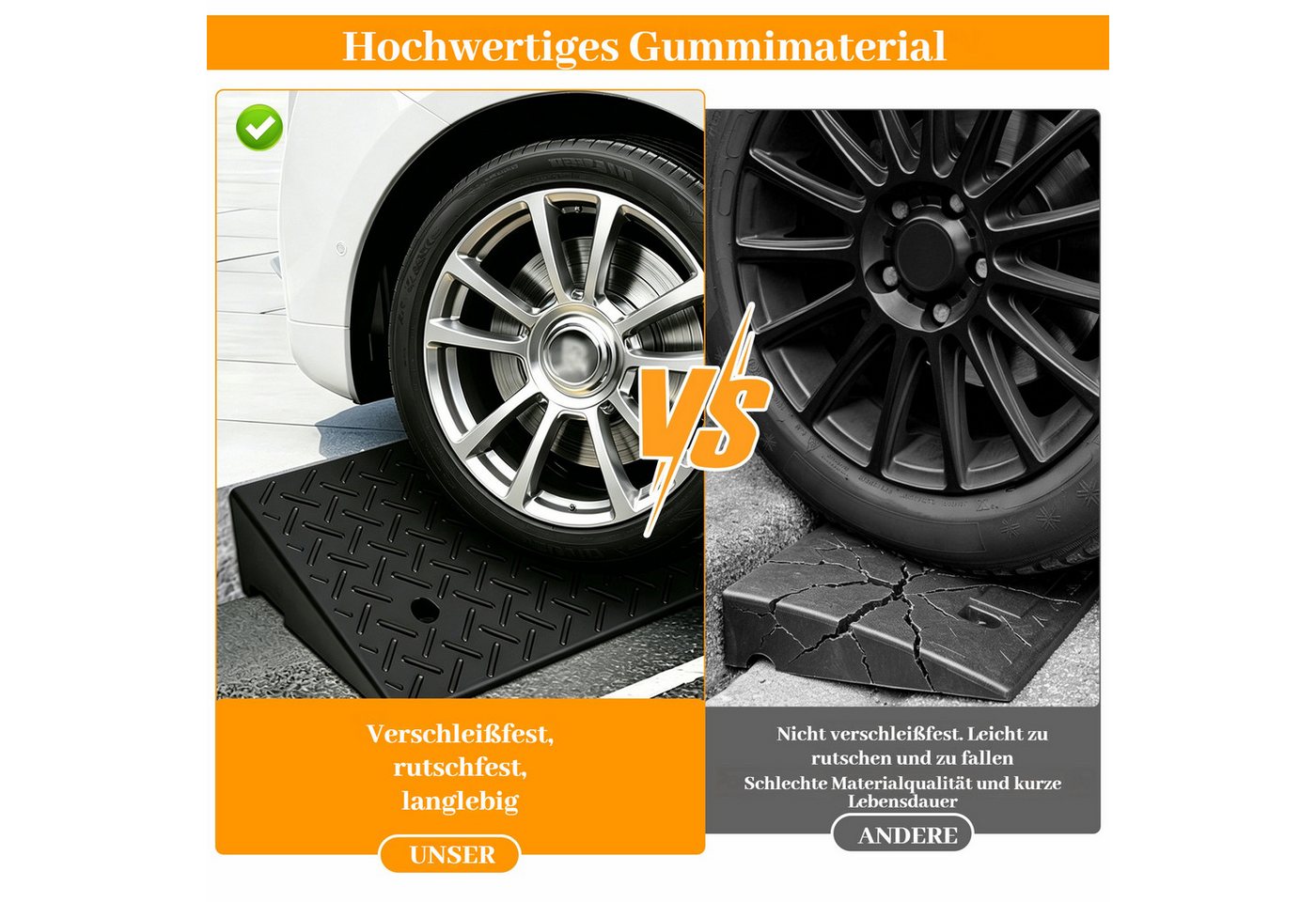 BlingBin Auffahrrampe 2er Set rutschfeste Gummi-Rampen mit Entwässerungssystem (2er Set, 2-St., 49*31,5*10cm), für Bordsteine, Türschwellen, Rollstühle und Autos Bild 2