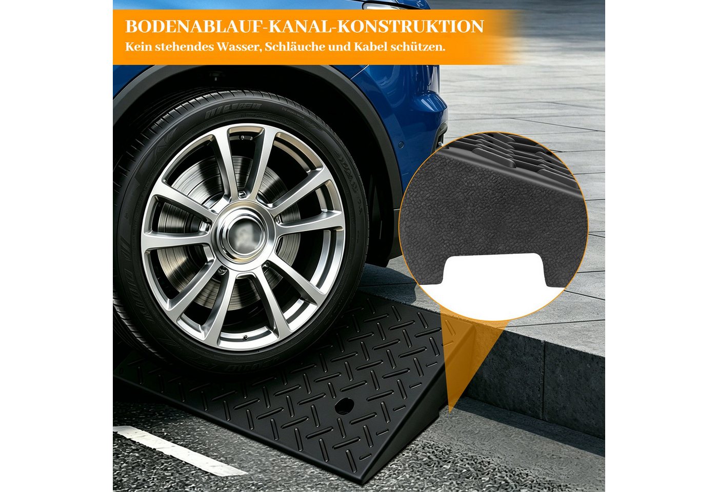 BlingBin Auffahrrampe 2er Set rutschfeste Gummi-Rampen mit Entwässerungssystem (2er Set, 2-St., 49*31,5*10cm), für Bordsteine, Türschwellen, Rollstühle und Autos Bild 3
