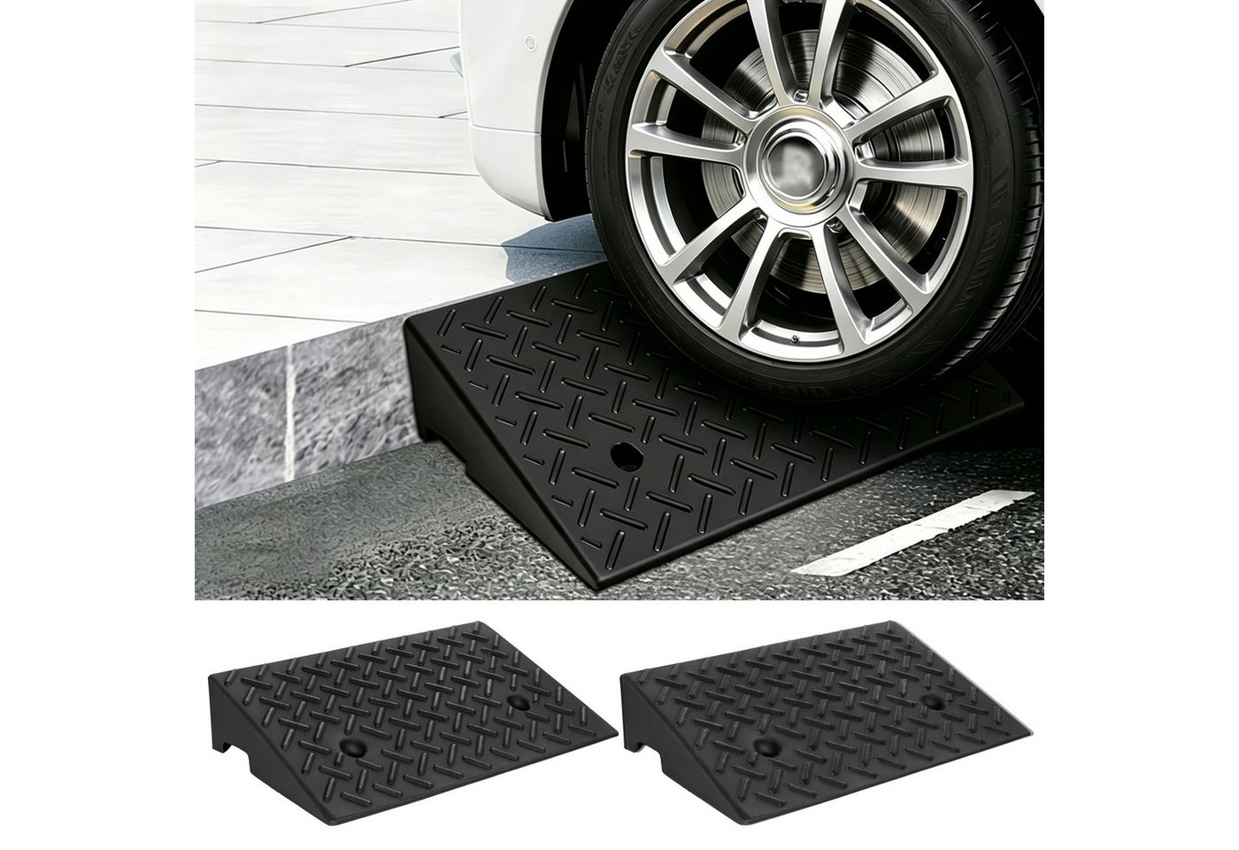 BlingBin Auffahrrampe 2er Set rutschfeste Gummi-Rampen mit Entwässerungssystem (2er Set, 2-St., 49*31,5*10cm), für Bordsteine, Türschwellen, Rollstühle und Autos Bild 4