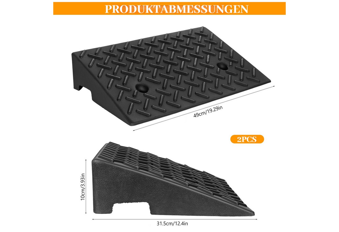 BlingBin Auffahrrampe 2er Set rutschfeste Gummi-Rampen mit Entwässerungssystem (2er Set, 2-St., 49*31,5*10cm), für Bordsteine, Türschwellen, Rollstühle und Autos Bild 5