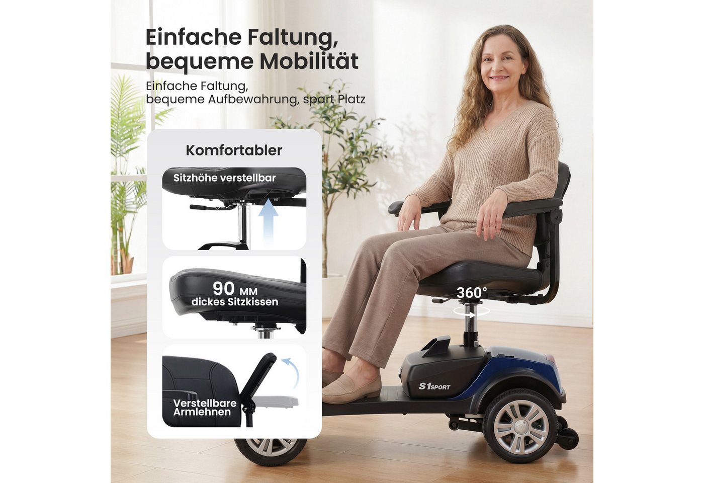 Rolipo Elektromobil Klappbar Elektromobil für Senioren und Erwachsene 12AH Akku,15-25km, 300 W, 6 km/h, Reichweite Elektroroller mit Sitz und Korb Elektro Scooter bis 136kg Bild 2