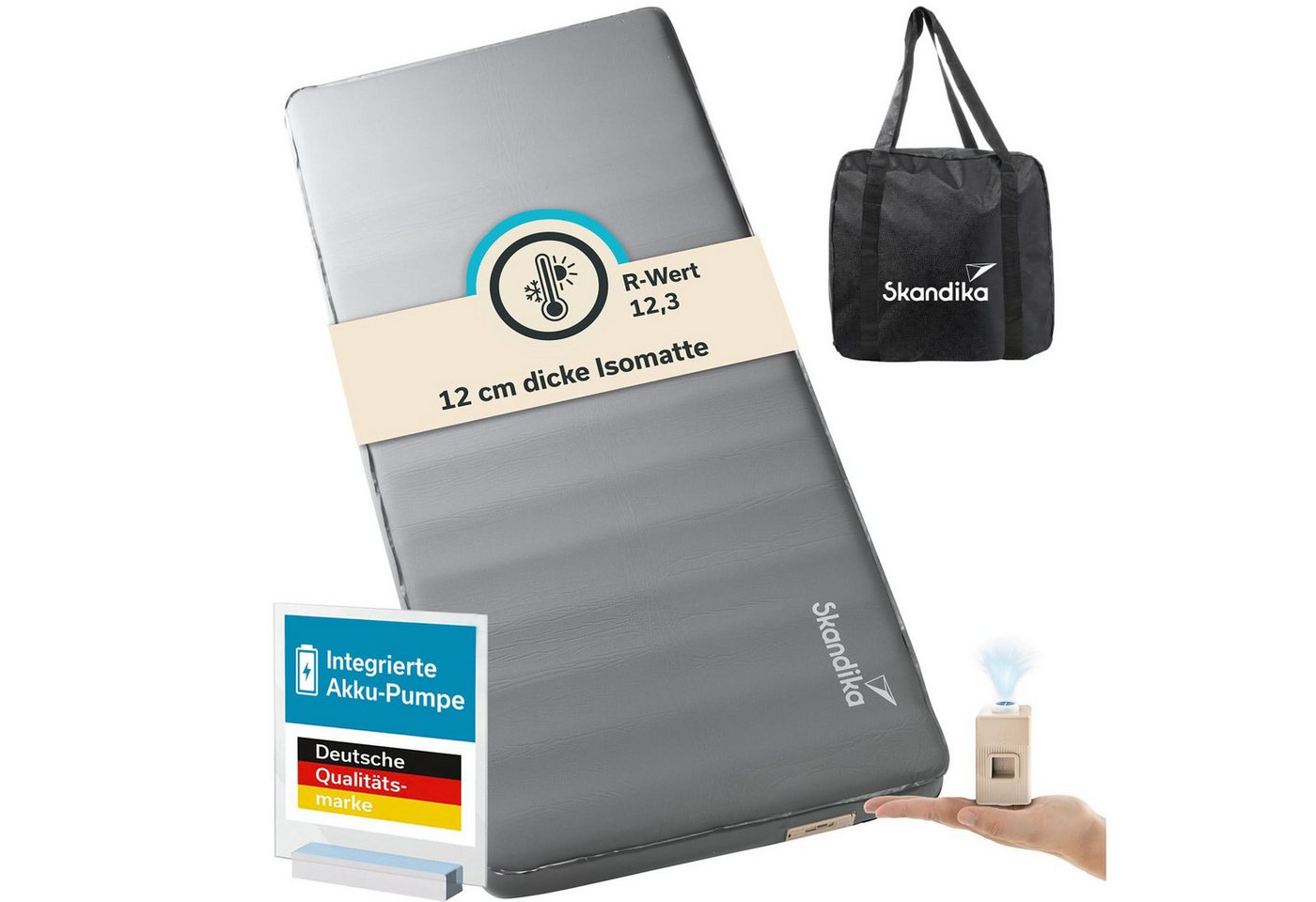 Skandika Luftmatratze Easy 3D Premium Flex, 1 Person, inklusive USB-Pumpe, Schaumstoff, (Tragetasche, Max. Benutzergewicht 150 kg, Gewicht 4,3 kg), Integrierte Pumpe, abnehmbar, wiederaufladbar, R-Wert: 12,3
