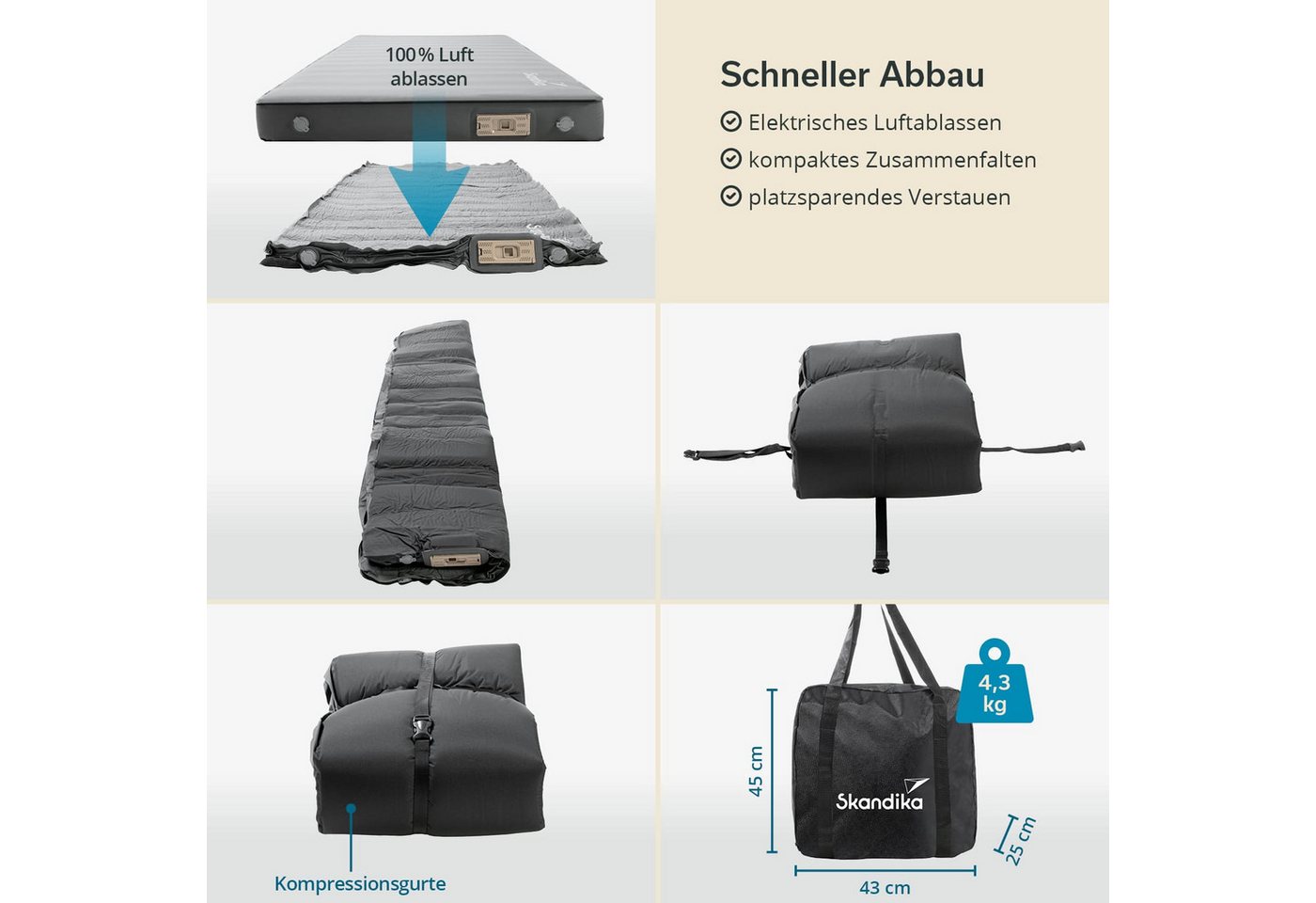 Skandika Luftmatratze Easy 3D Premium Flex, 1 Person, inklusive USB-Pumpe, Schaumstoff, (Tragetasche, Max. Benutzergewicht 150 kg, Gewicht 4,3 kg), Integrierte Pumpe, abnehmbar, wiederaufladbar, R-Wert: 12,3 Bild 4