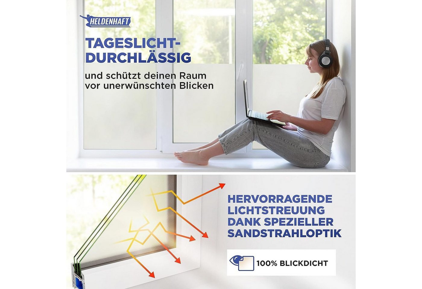 HELDENHAFT Sichtschutzfolie Fensterfolie Blickdicht - Milchglasfolie - Badfenster Sichtschutz, selbstklebende Fensterfolie, blickdicht, Sichtschutzfolie Fenster