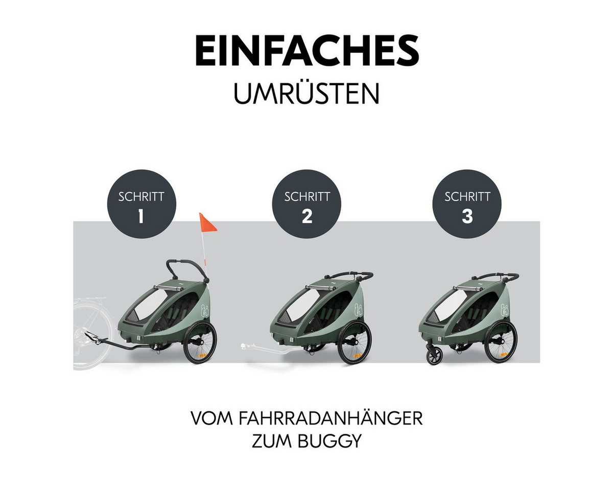 Hauck Fahrradkinderanhänger Dryk Duo Plus - Dark Green, Fahrradanhänger Buggy für 2 Kinder mit Regen-& Sonnenschutz bis 44 kg