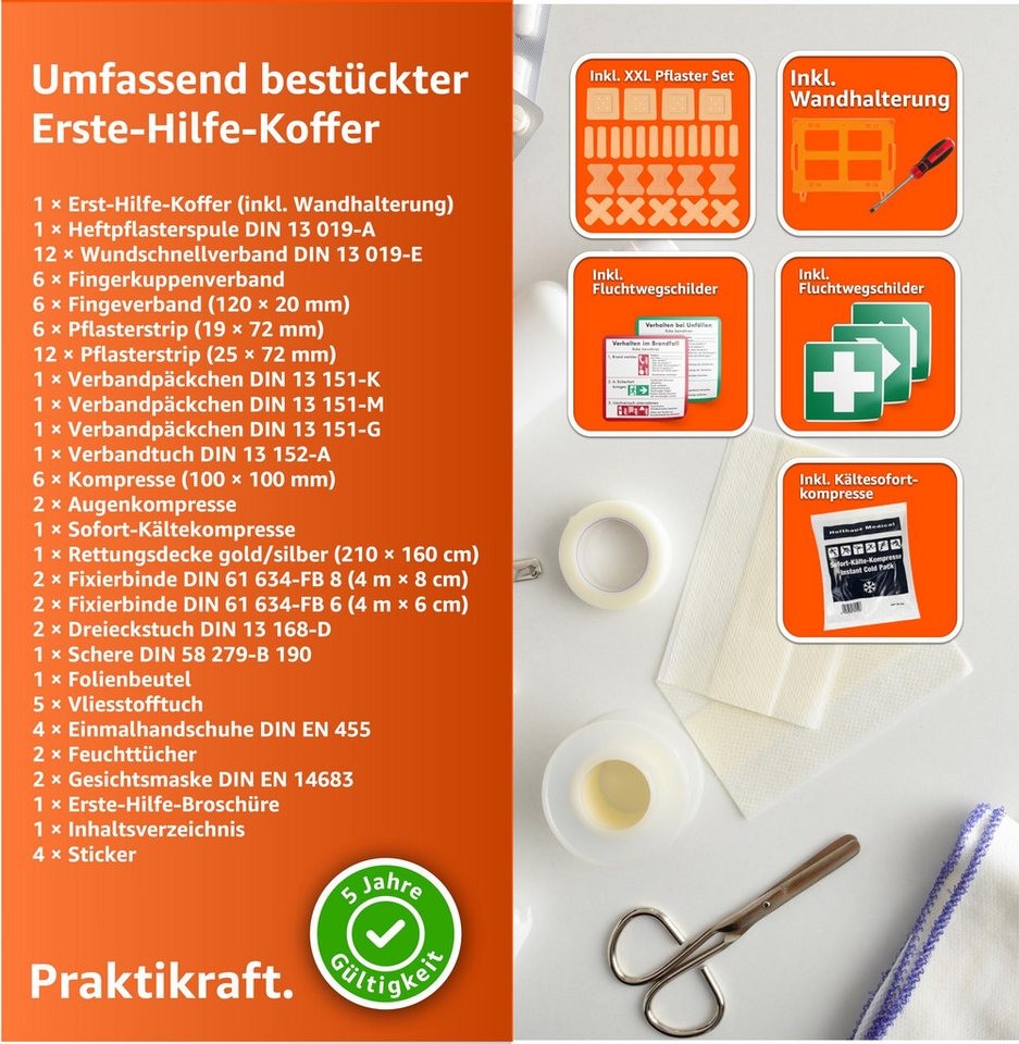 Praktikraft KFZ-Verbandtasche Erste Hilfe Koffer - DIN 13157 Kasten für Wand & Zuhause & Betrieb, (Set, 1 St) Bild 2