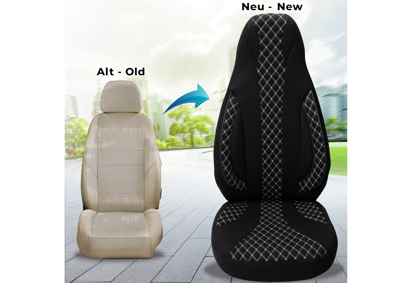 BREMER SITZBEZÜGE Autositzbezug für VW Up BJ ab 2011 (PL408), Set, 2-tlg., Schonbezüge Sitzbezüge Fahrer und Beifahrer, in Schwarz/Weiß Bild 2