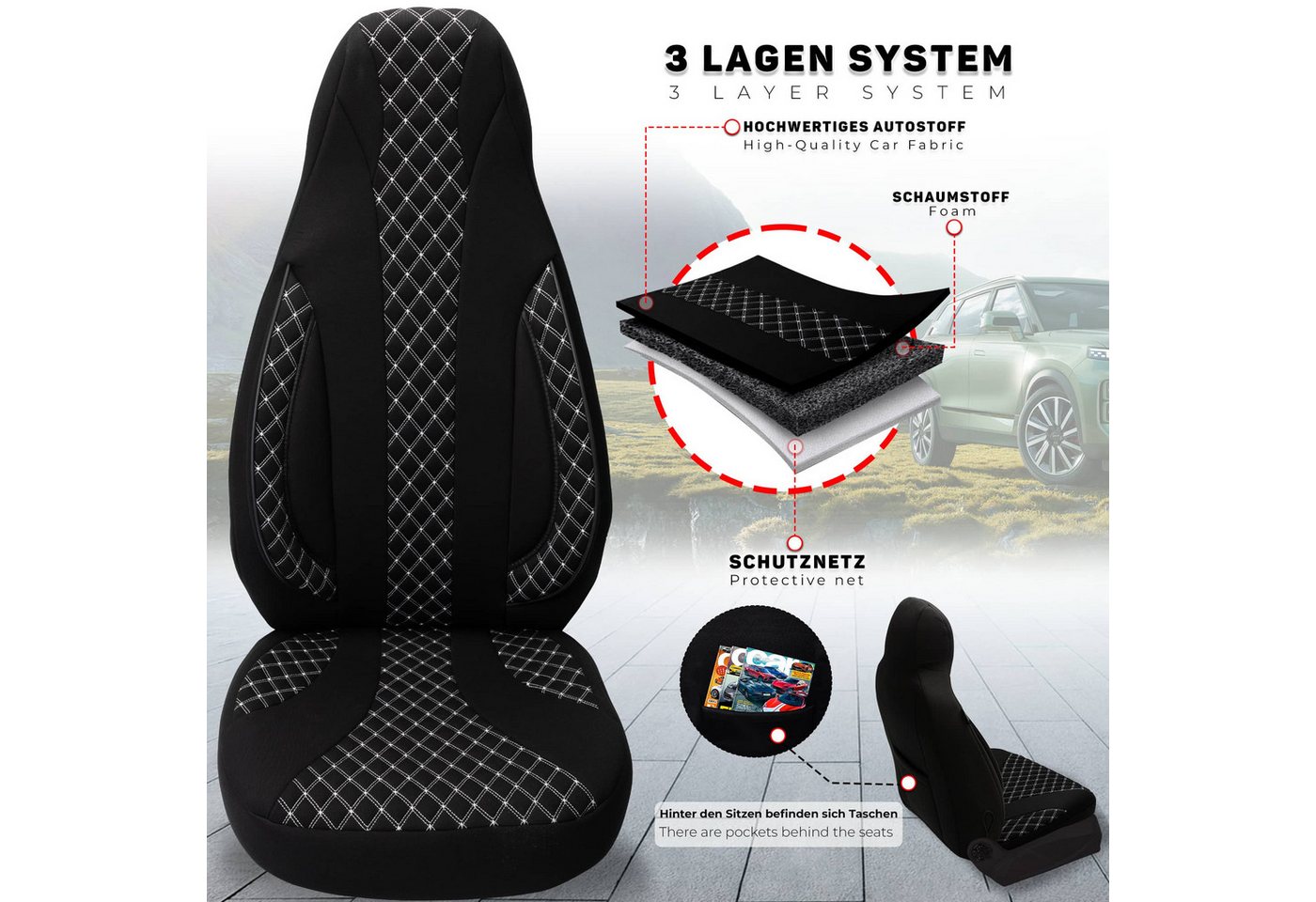 BREMER SITZBEZÜGE Autositzbezug für VW Up BJ ab 2011 (PL408), Set, 2-tlg., Schonbezüge Sitzbezüge Fahrer und Beifahrer, in Schwarz/Weiß Bild 3