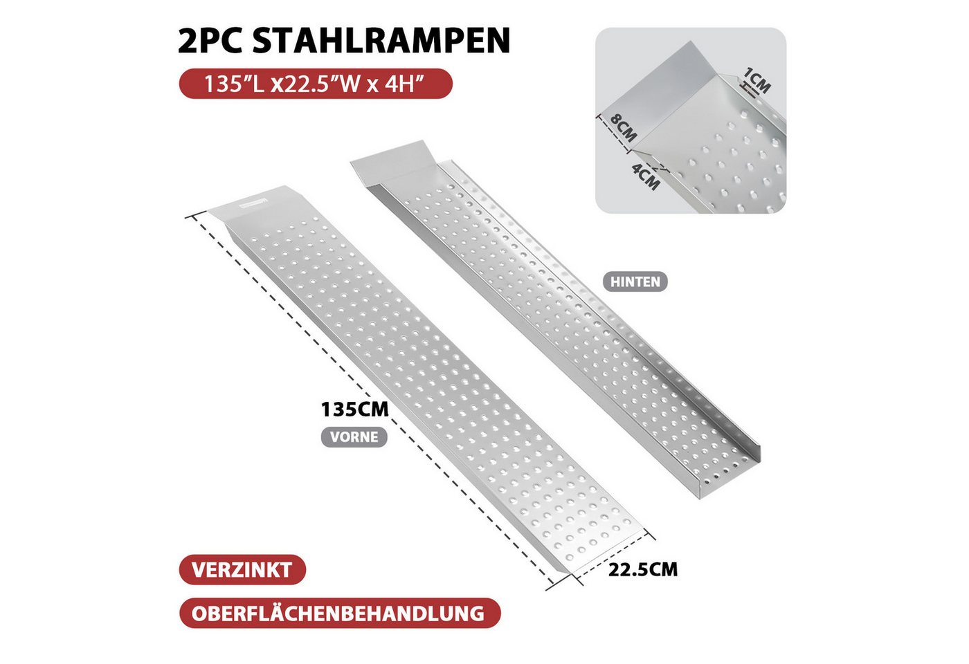 Clanmacy Auffahrrampe 2X Auffahrrampe Verladerampe 135cm Verzinkt Auto Laderampe bis 400kg (2-St) Bild 5