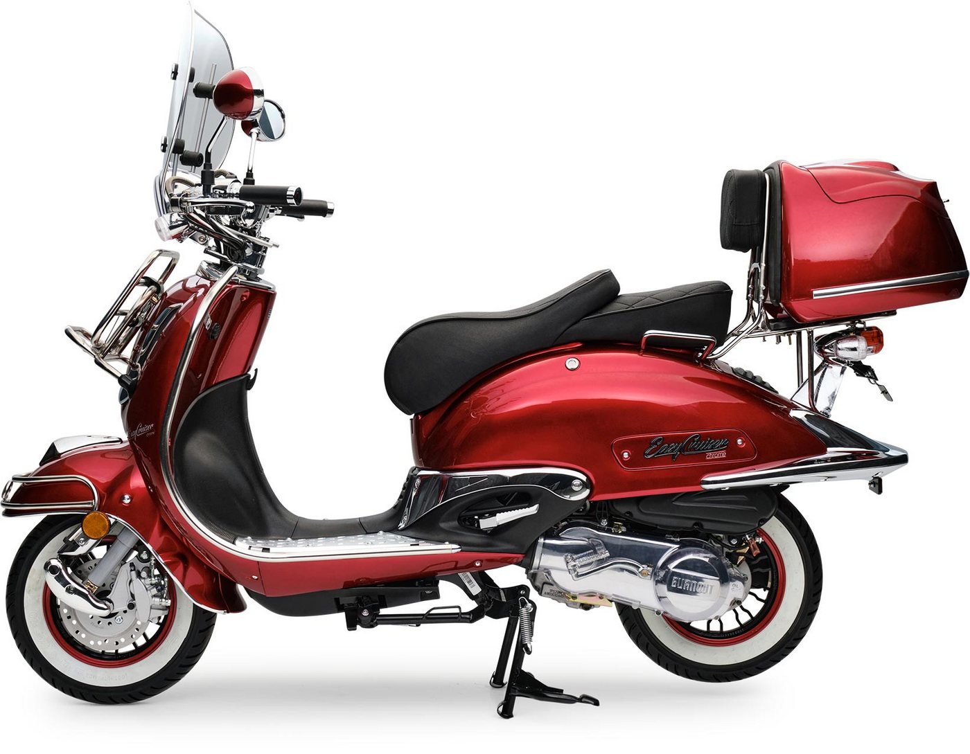 Burnout Motorroller EasyCruiser Chrom Dunkelrot, 50 ccm, 45 km/h, Euro 5, LED Beleuchtung, Digitales Tacho, Retro, mit Windschild & Topcase, USB
