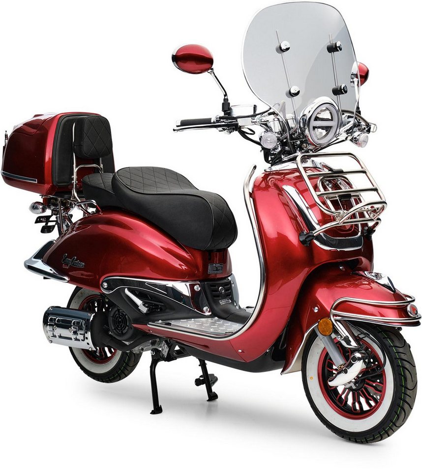 Burnout Motorroller EasyCruiser Chrom Dunkelrot, 50 ccm, 45 km/h, Euro 5, LED Beleuchtung, Digitales Tacho, Retro, mit Windschild & Topcase, USB Bild 2