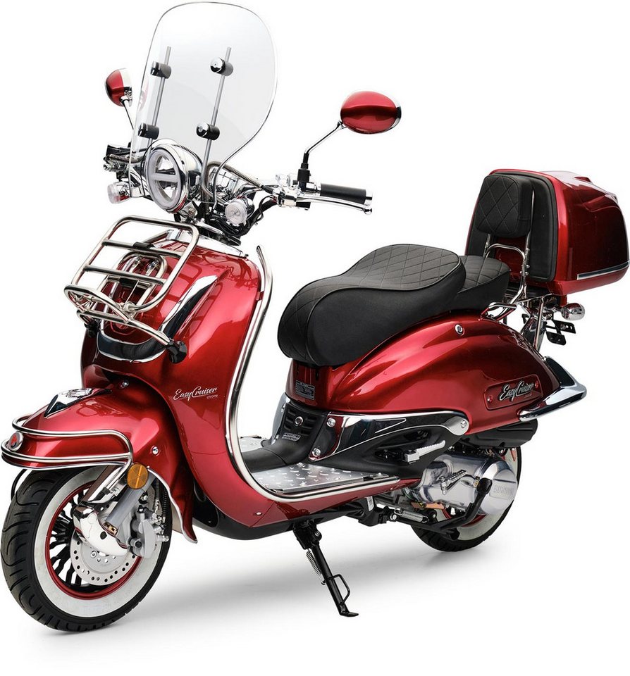 Burnout Motorroller EasyCruiser Chrom Dunkelrot, 50 ccm, 45 km/h, Euro 5, LED Beleuchtung, Digitales Tacho, Retro, mit Windschild & Topcase, USB Bild 3