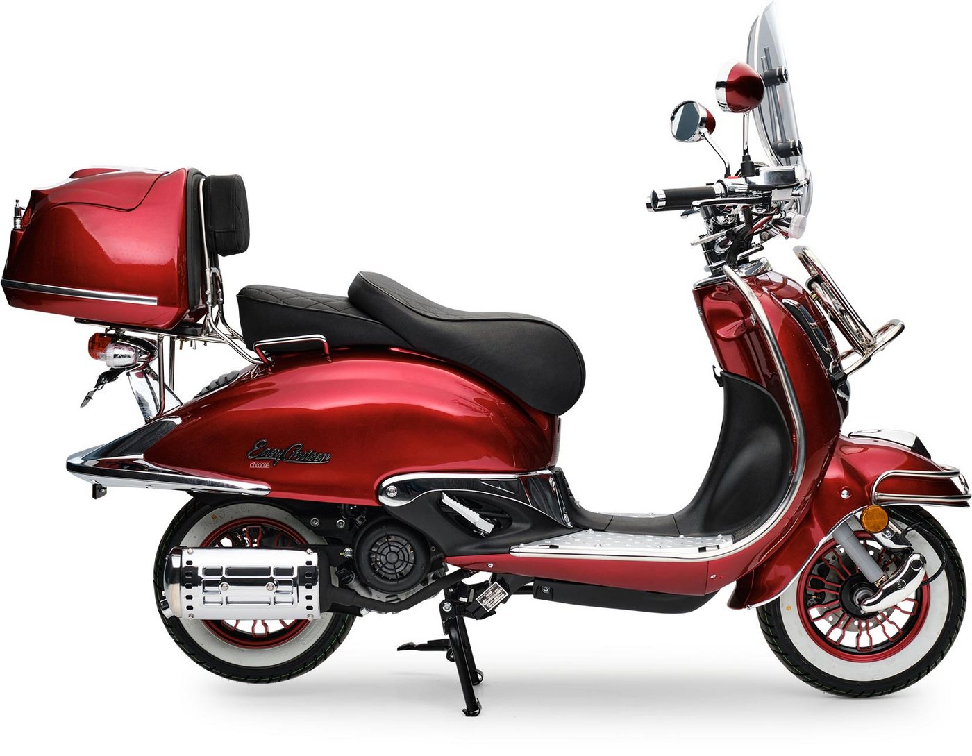 Burnout Motorroller EasyCruiser Chrom Dunkelrot, 50 ccm, 45 km/h, Euro 5, LED Beleuchtung, Digitales Tacho, Retro, mit Windschild & Topcase, USB Bild 4