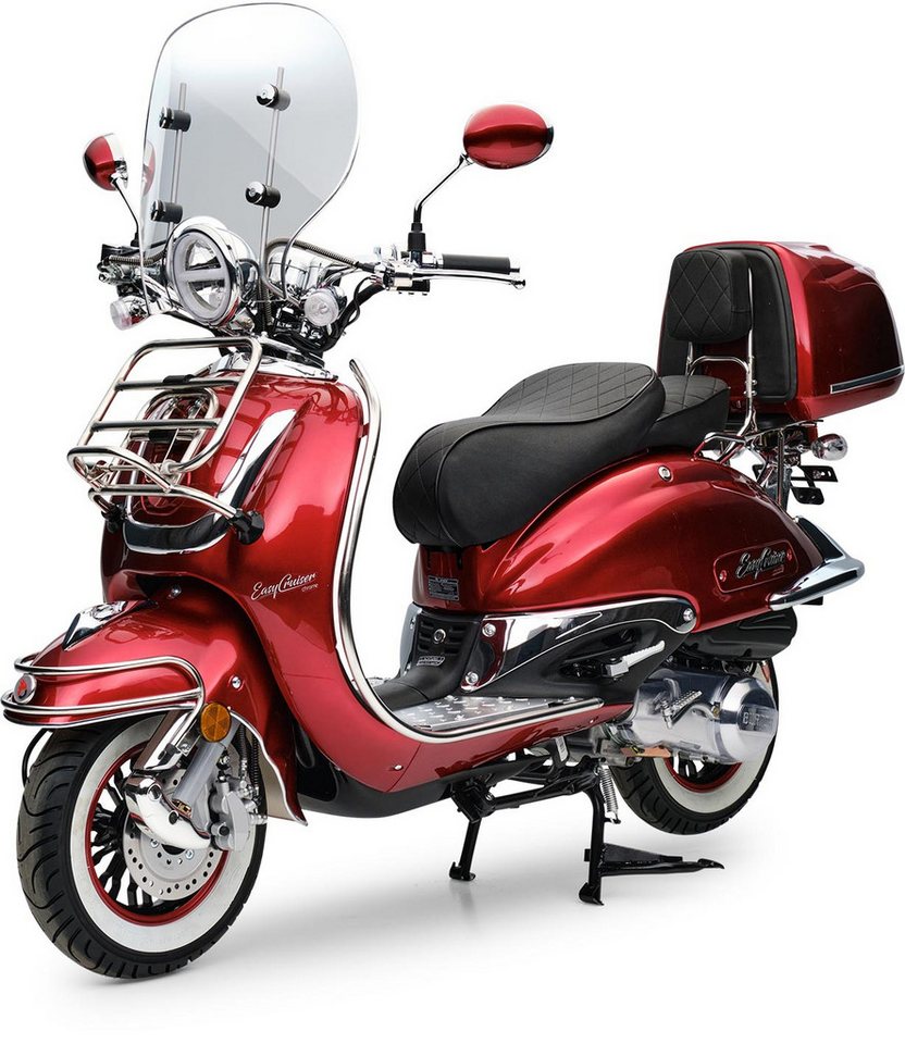 Burnout Motorroller EasyCruiser Chrom Dunkelrot, 50 ccm, 45 km/h, Euro 5, LED Beleuchtung, Digitales Tacho, Retro, mit Windschild & Topcase, USB Bild 5