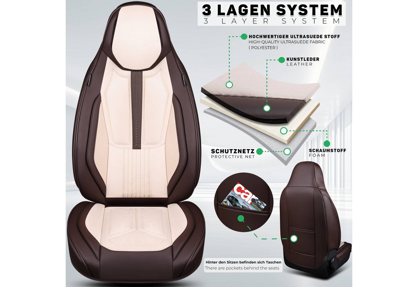BREMER SITZBEZÜGE Autositzbezug für Seat Leon Bj ab 2020 DS8, Set, 2-tlg., Schonbezüge Sitzbezüge Fahrer und Beifahrer, in Braun/Beige Bild 5