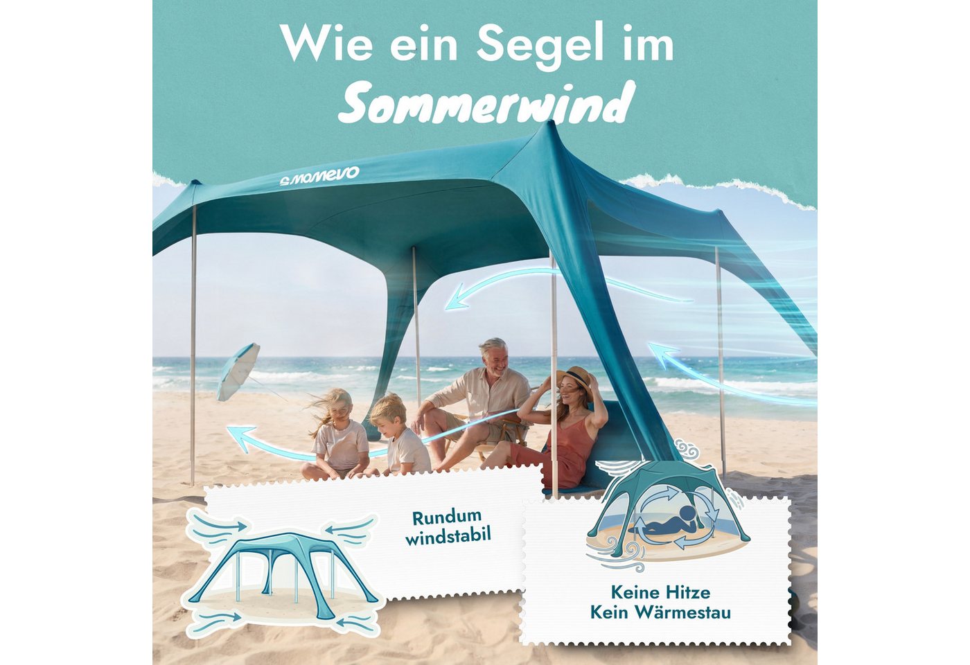 Momevo Strandmuschel Sunsail XL Strandzelt & XXL Strandmuschel für 6 Personen, Personen: 6
